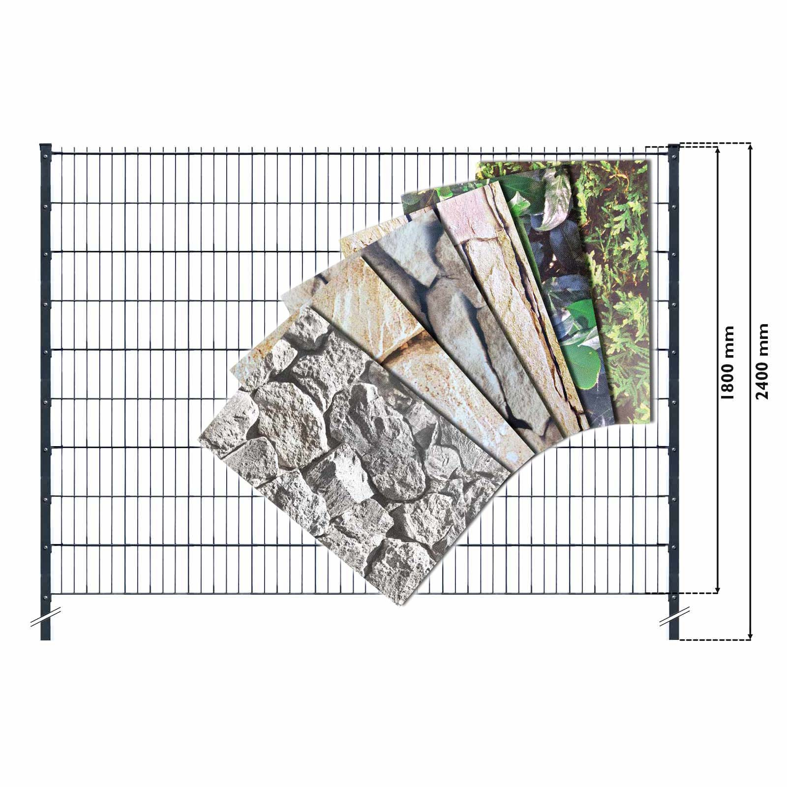 Doppelstabzaun Grün Set mit Hart-PVC Thuja - 10m (4 Gittermatten | 5 Pfosten | 36 Streifen)